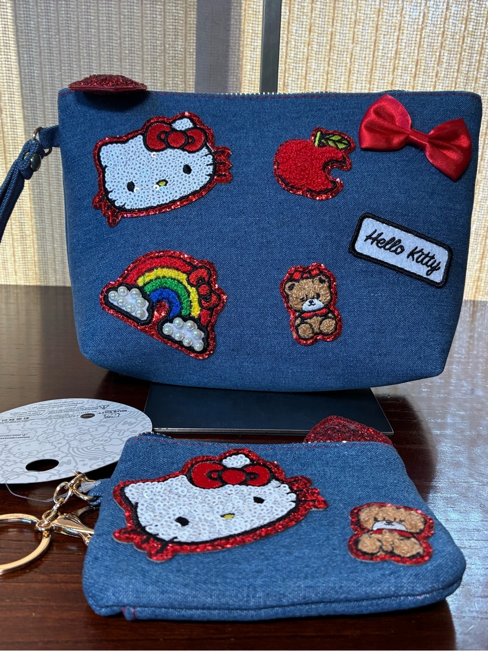 Hello Kitty Denim Accessory Pouch Set in Blue with Red Accents
